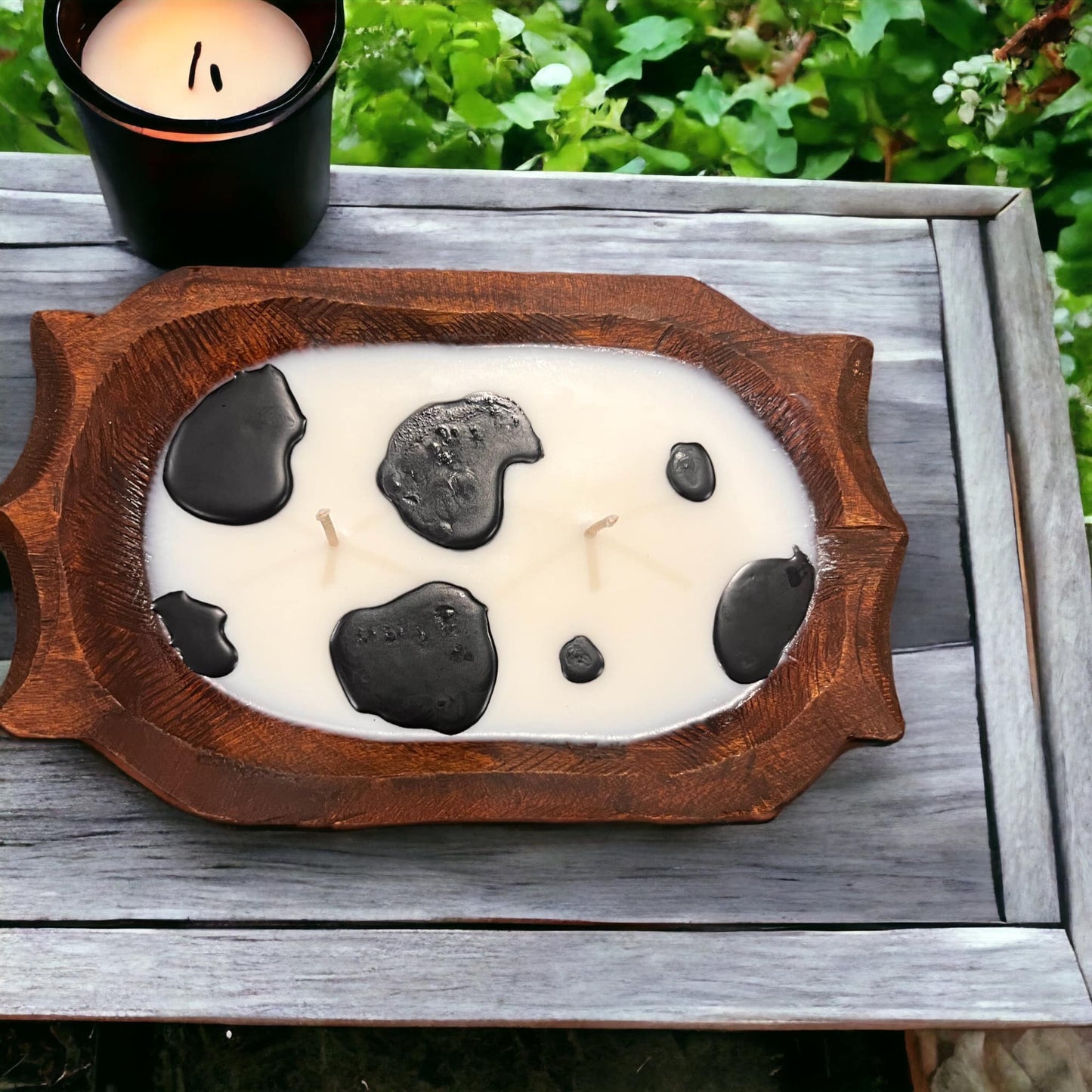 Wood Cowprint Dough Bowl Candle- PICK UP ONLY