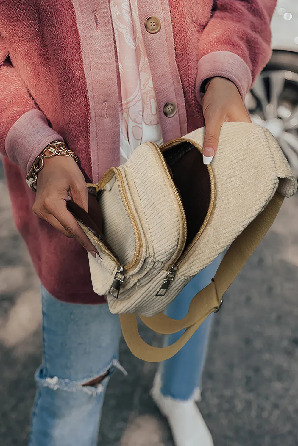 Double Zip Sling Bag (Beige and Black)