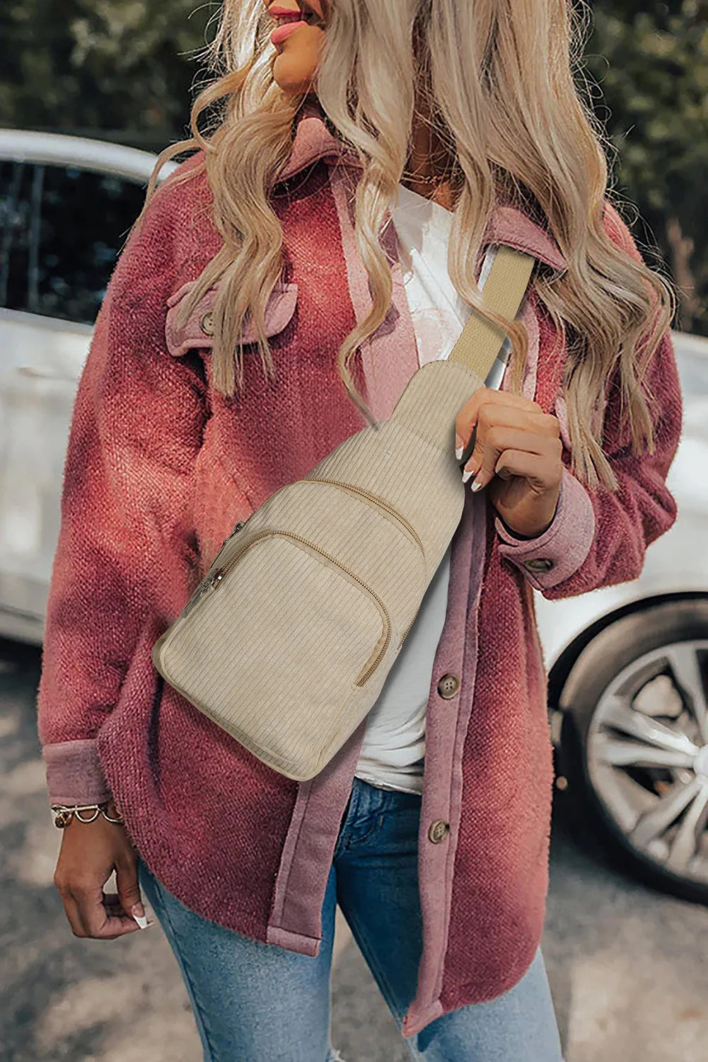 Double Zip Sling Bag (Beige and Black)