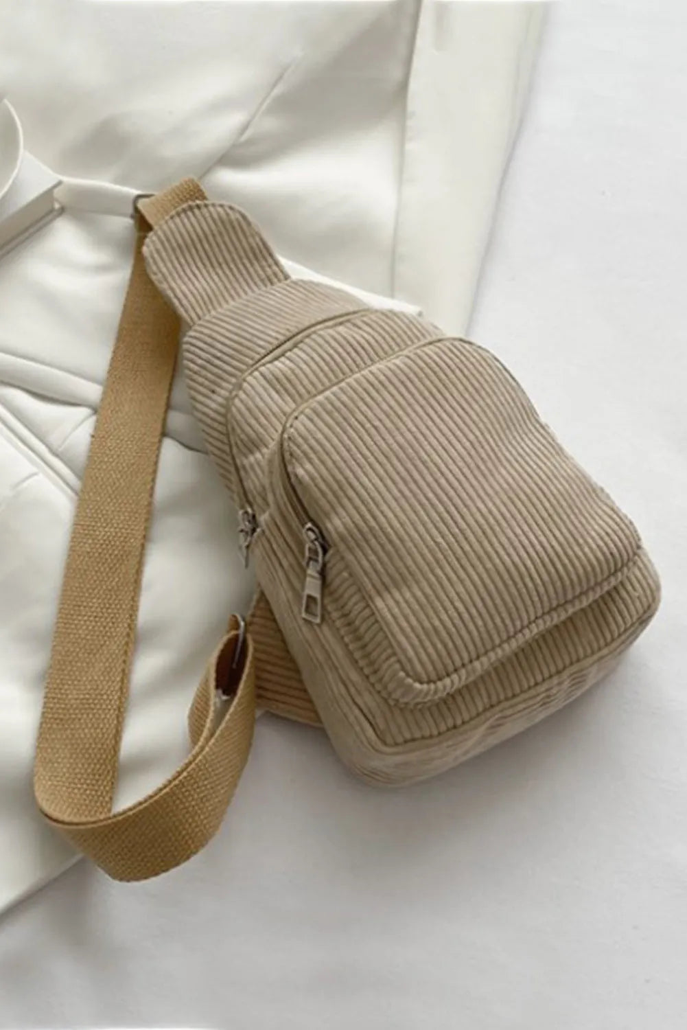 Double Zip Sling Bag (Beige and Black)