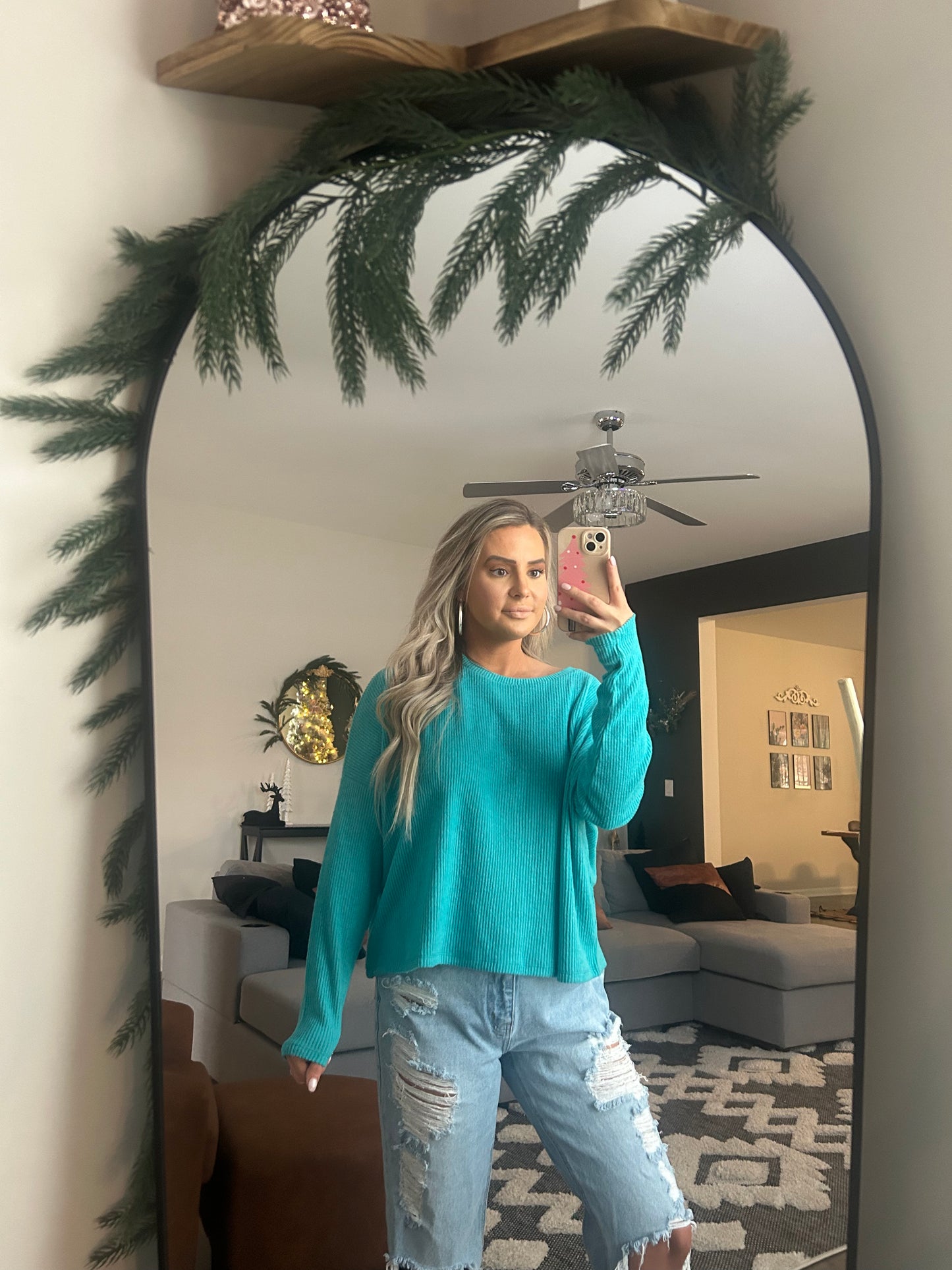 Turquoise Ribbed Dolman Sleeve Sweater