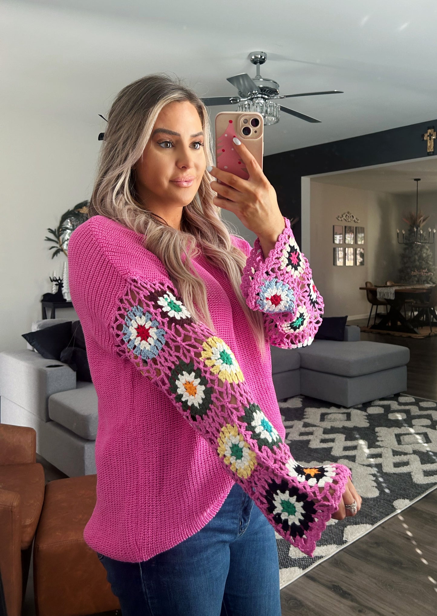 Crochet Sleeve Sweater (pink)