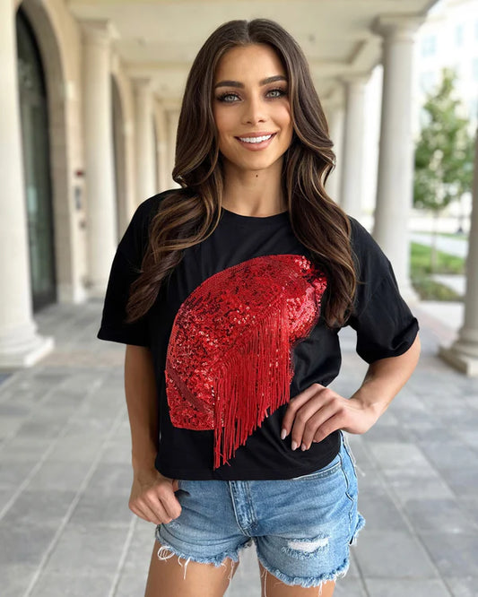 Glitter Red Fringe Football Tee (Black and Red)