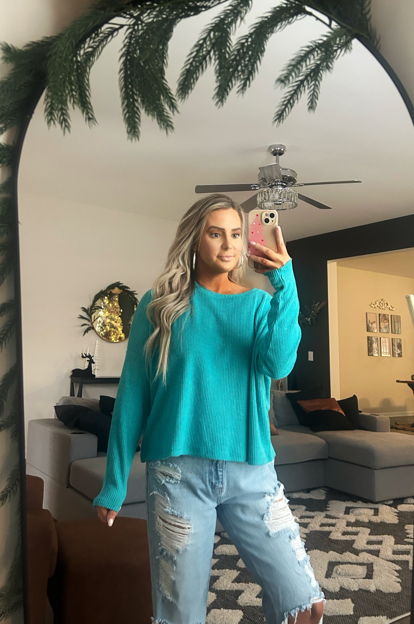 Turquoise Ribbed Dolman Sleeve Sweater