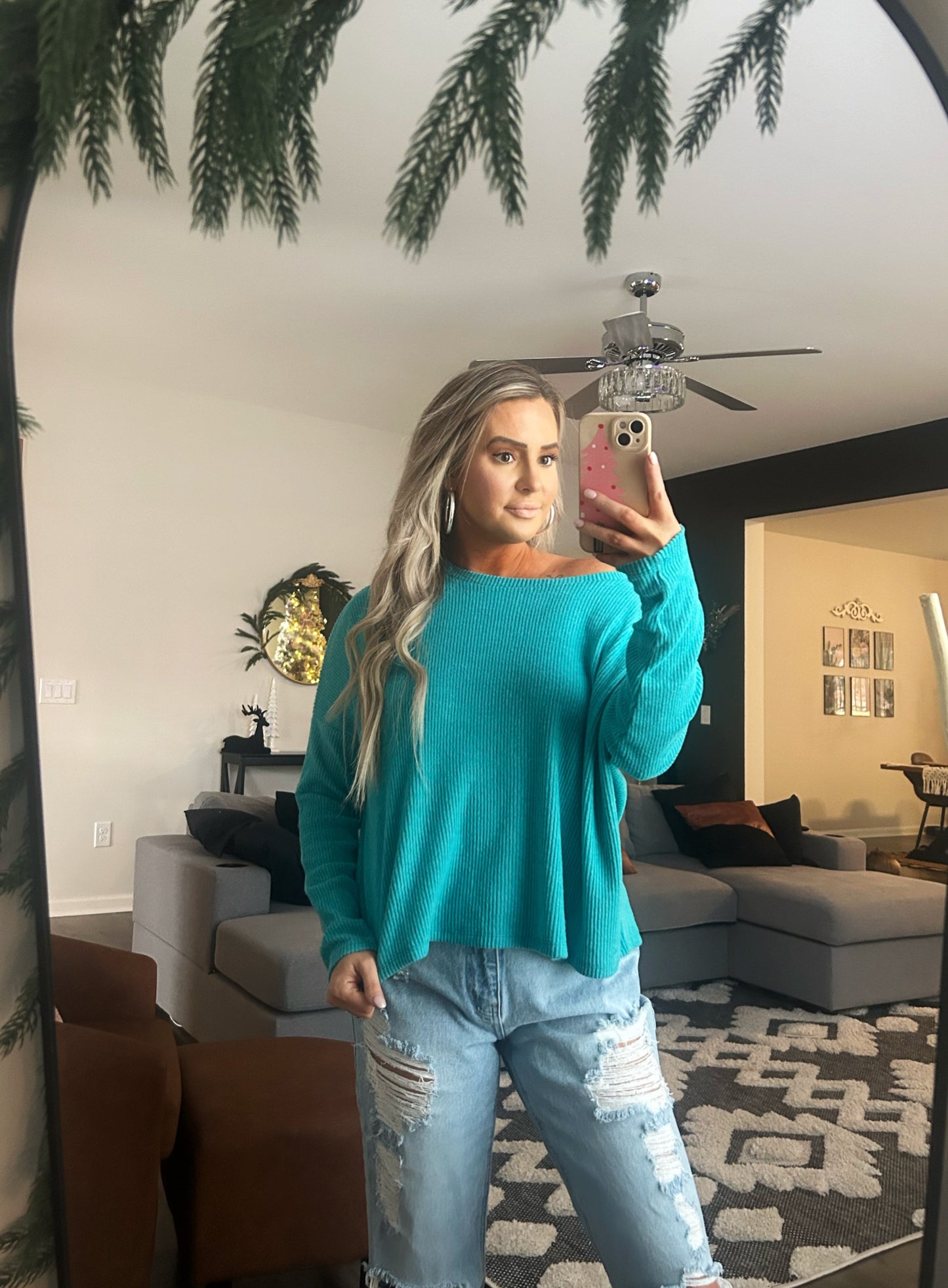 Turquoise Ribbed Dolman Sleeve Sweater